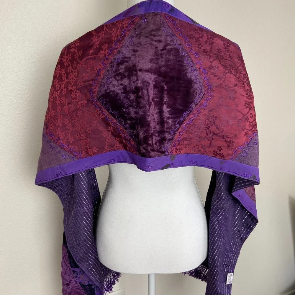 Vintage Patchwork Scarf Reversible 100% Rayon Fringe